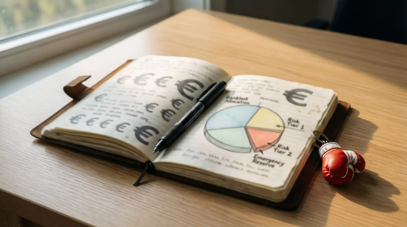 Notizbuch mit Wettplan und Euro-Symbolen auf dem Tisch