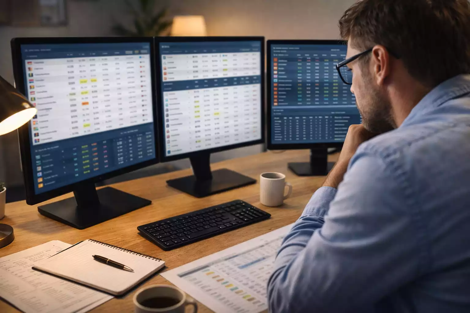 Person vergleicht Wettquoten auf mehreren Bildschirmen