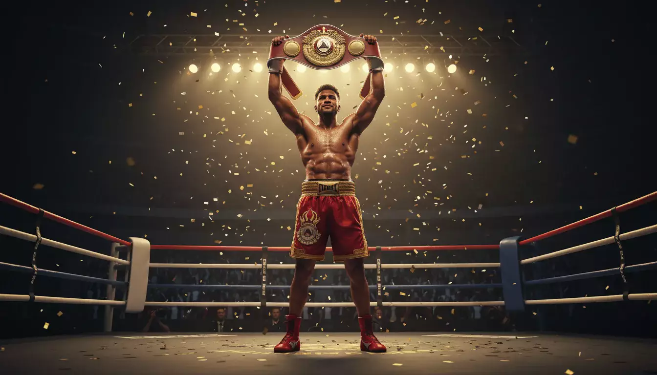 Boxer präsentiert seinen Weltmeistergürtel im Ring nach dem Titelkampf