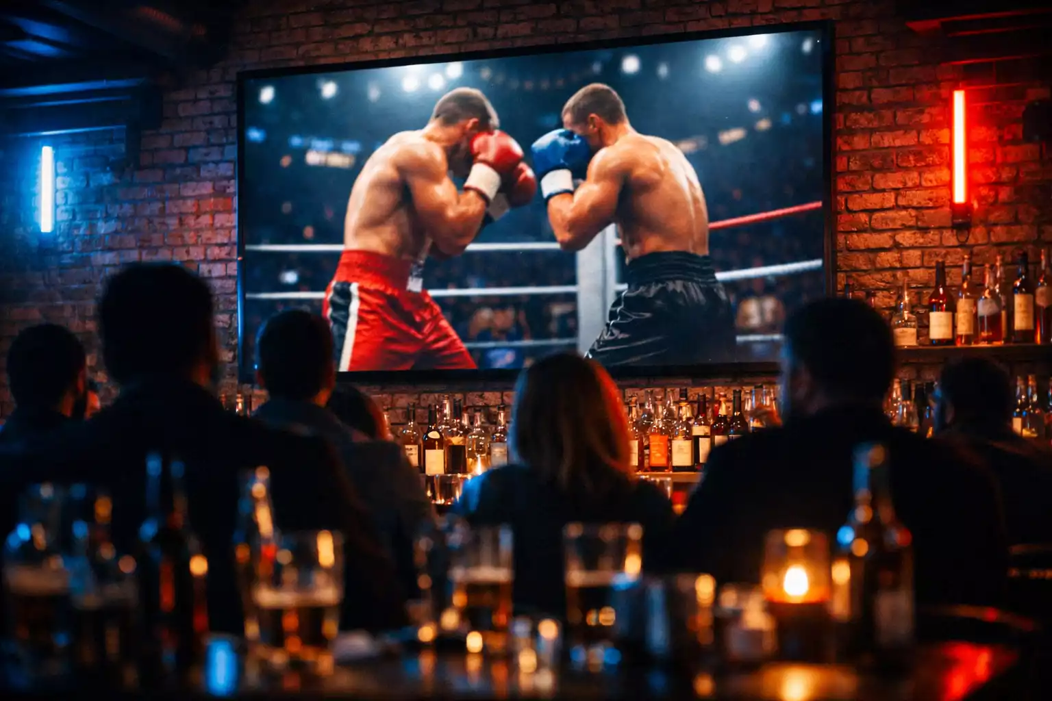 Live-Übertragung eines Boxkampfes auf großem Bildschirm in einer Bar