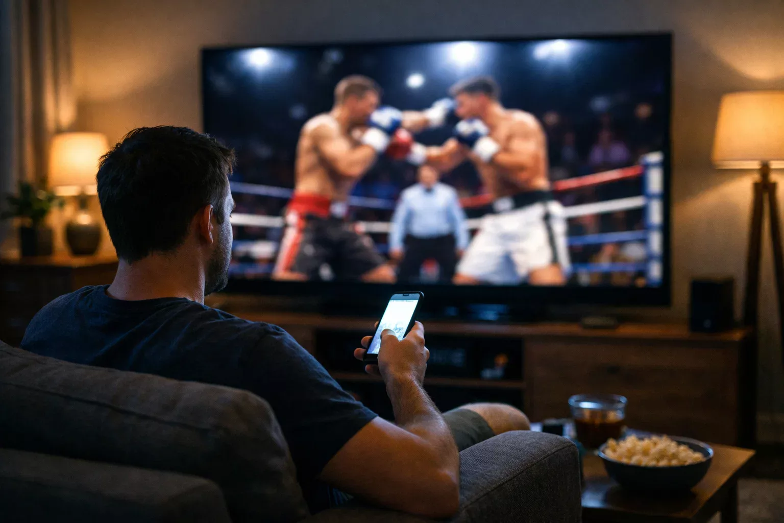 Sportfan verfolgt Boxkampf live auf dem Bildschirm