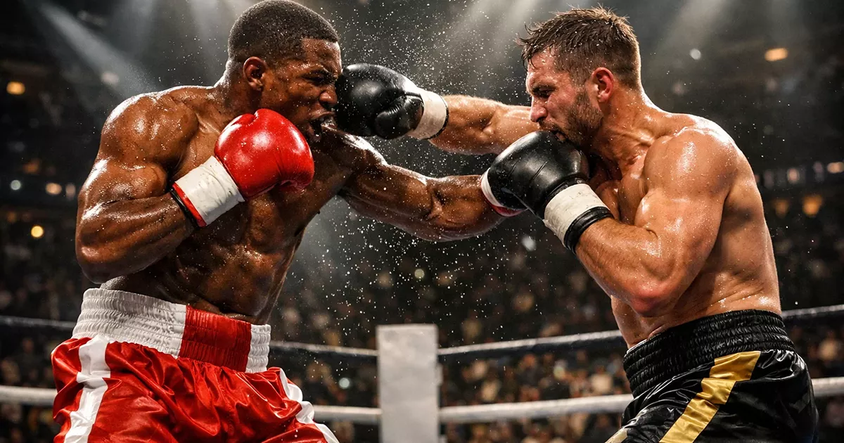 Intensiver Boxkampf-Moment mit dramatischer Arena-Beleuchtung