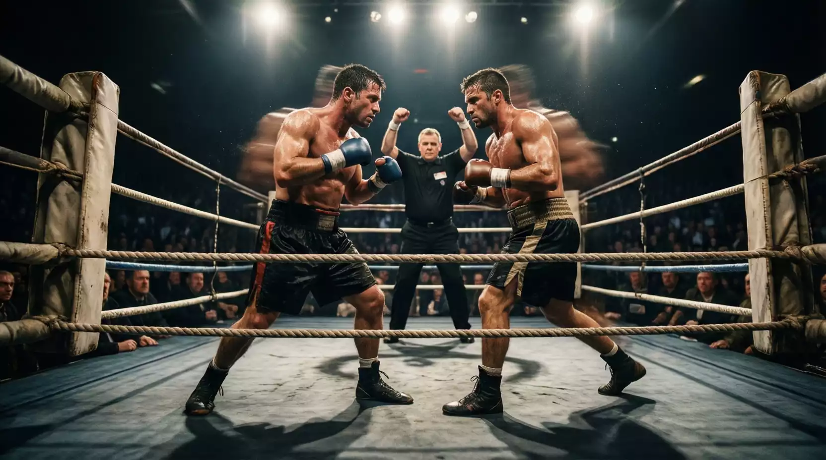 Spannender Boxkampf-Moment mit zwei Kämpfern in Aktion