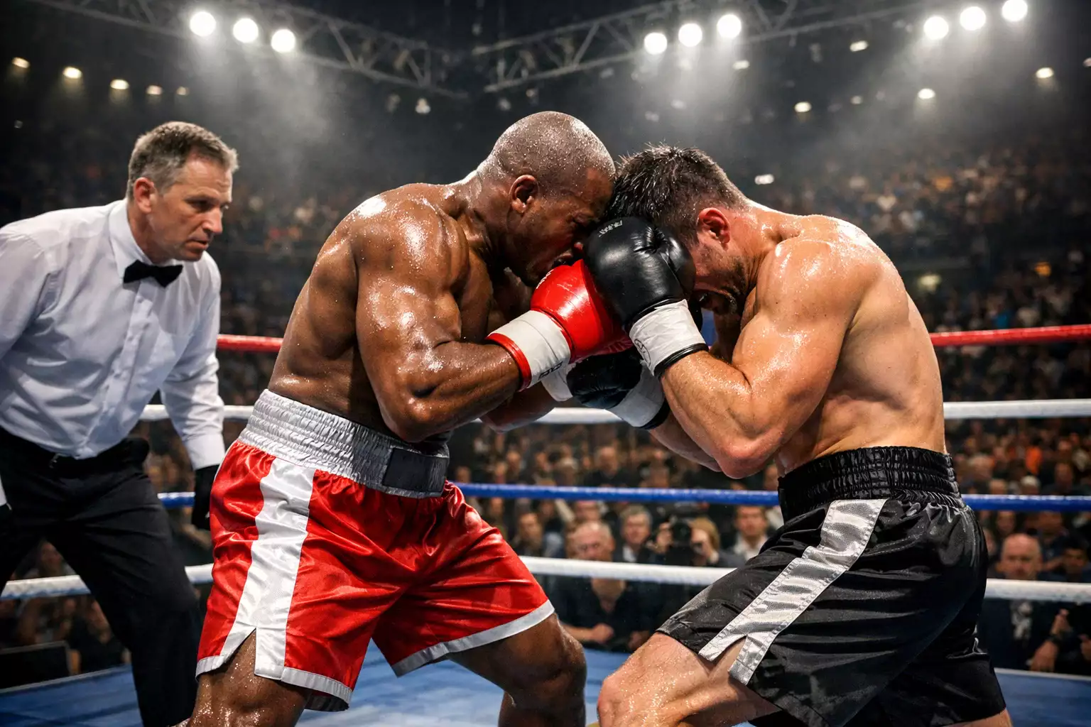 Spannung im Boxring w&auml;hrend einer entscheidenden Kampfphase