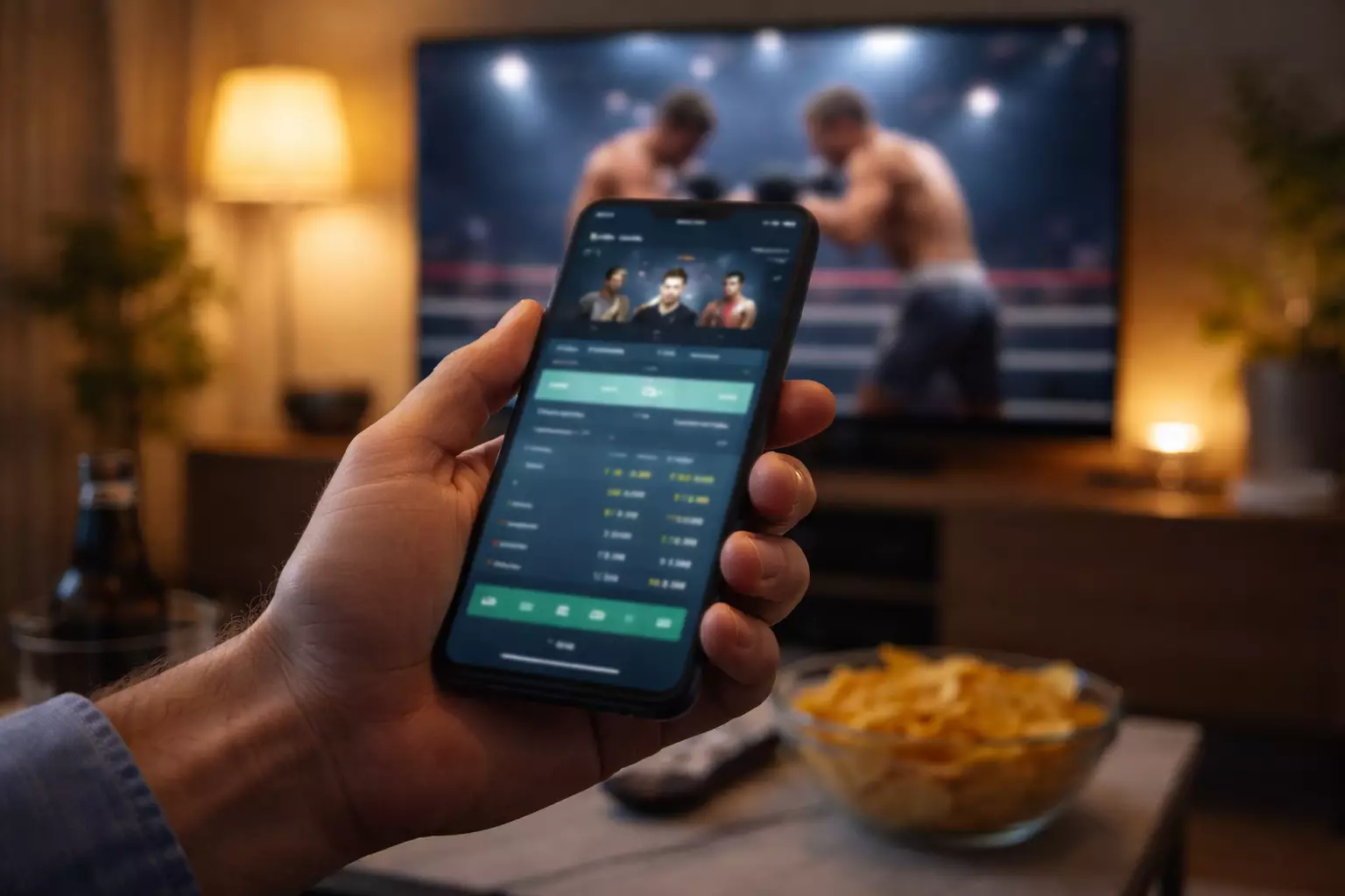 Hand hält Smartphone mit Sportwetten-App beim Boxkampf