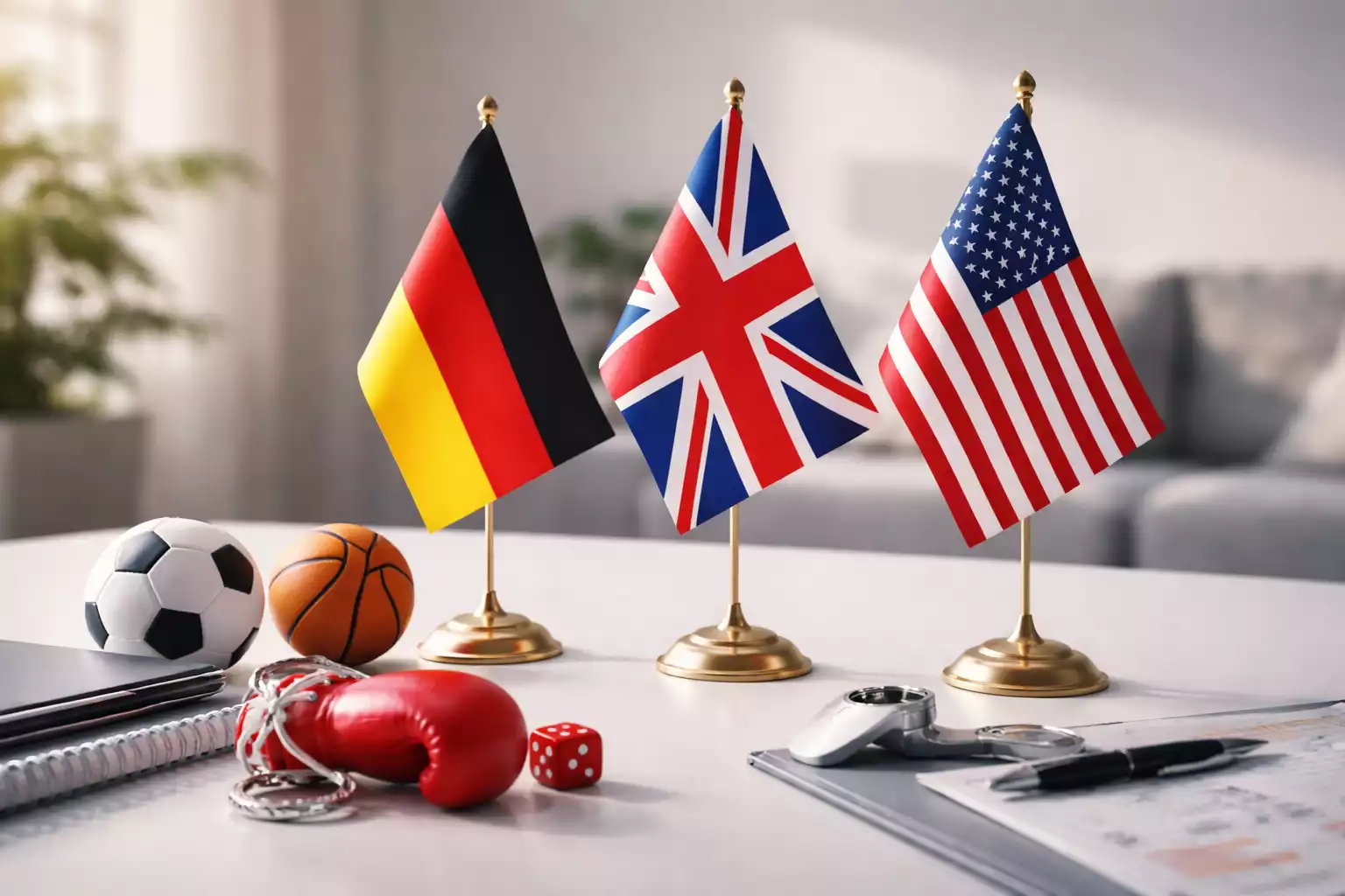 Europäische und internationale Flaggen neben Sportwetten-Symbolen