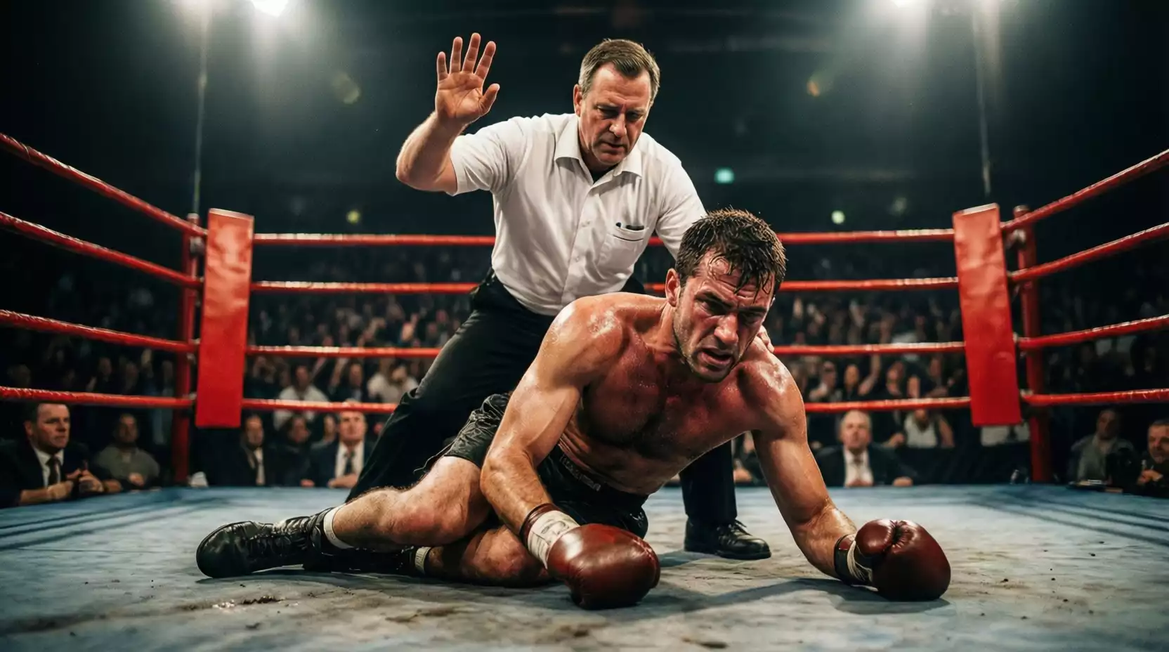 Ringrichter zählt einen am Boden liegenden Boxer an