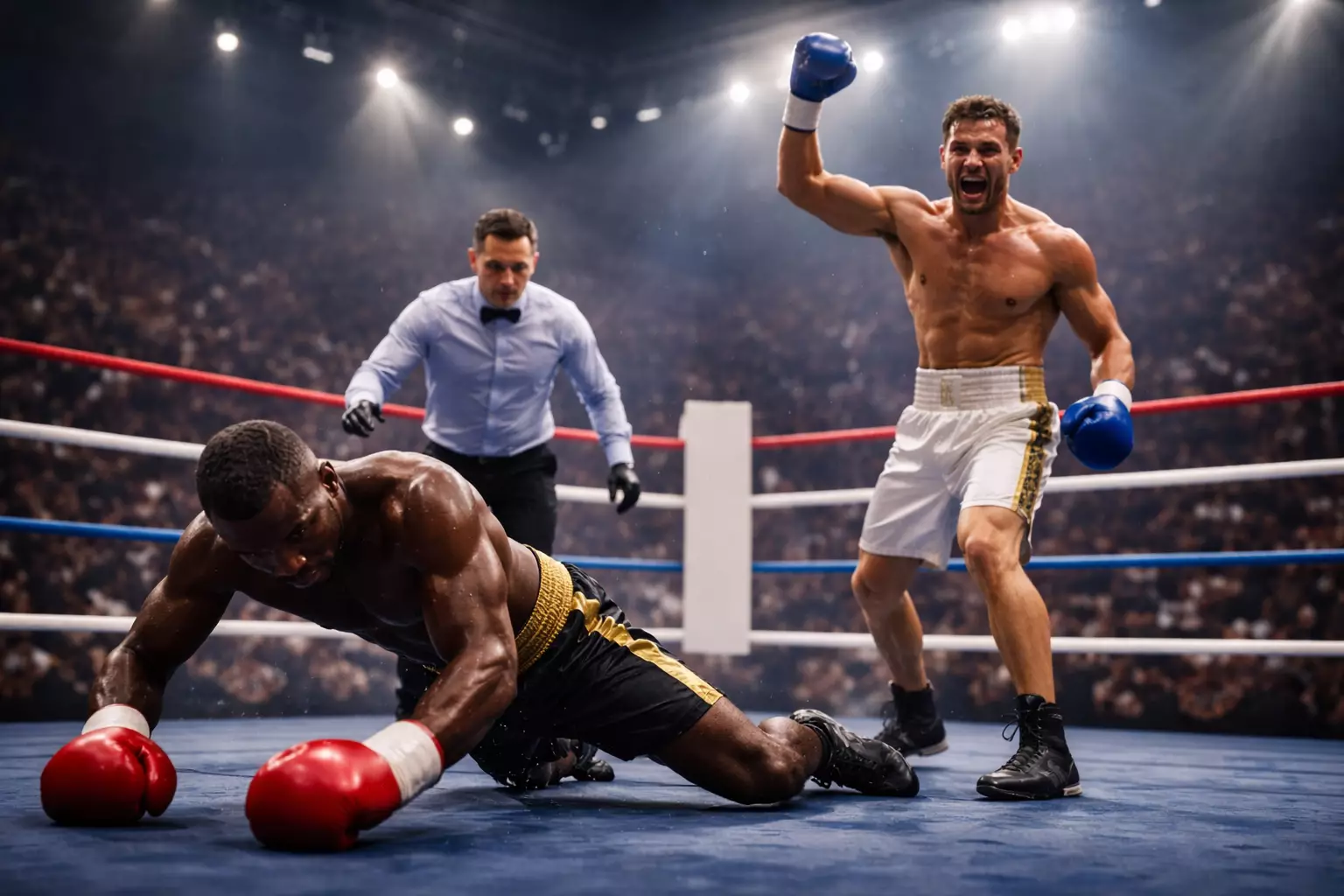 Boxer geht nach einem Treffer zu Boden im Ring