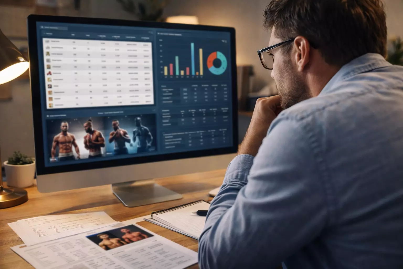 Sportanalyst studiert Boxer-Statistiken und Kampfbilanzen