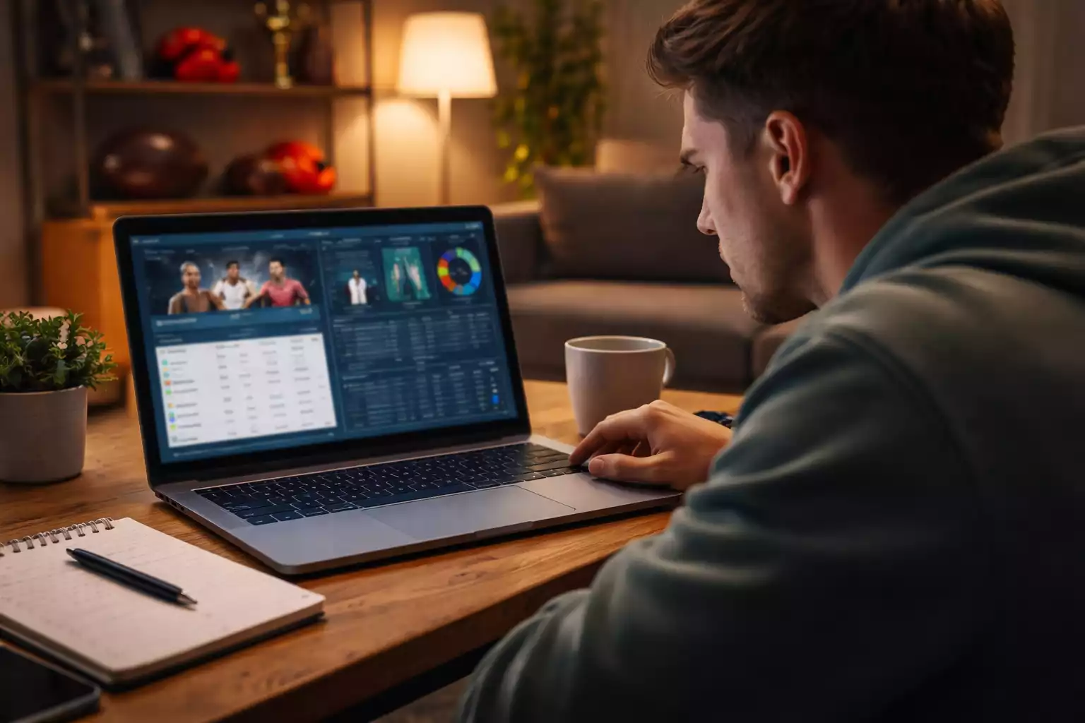 Sportfan analysiert Boxkampf-Statistiken am Laptop