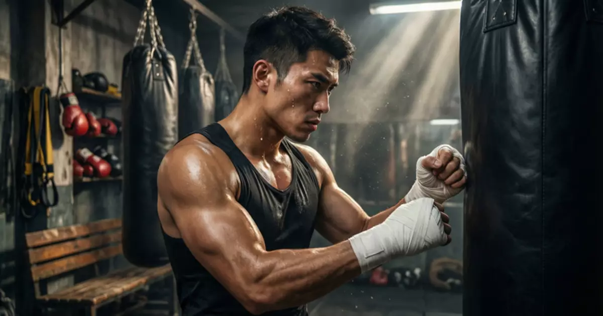 Fokussierter Boxer bei der Vorbereitung im Trainingsraum