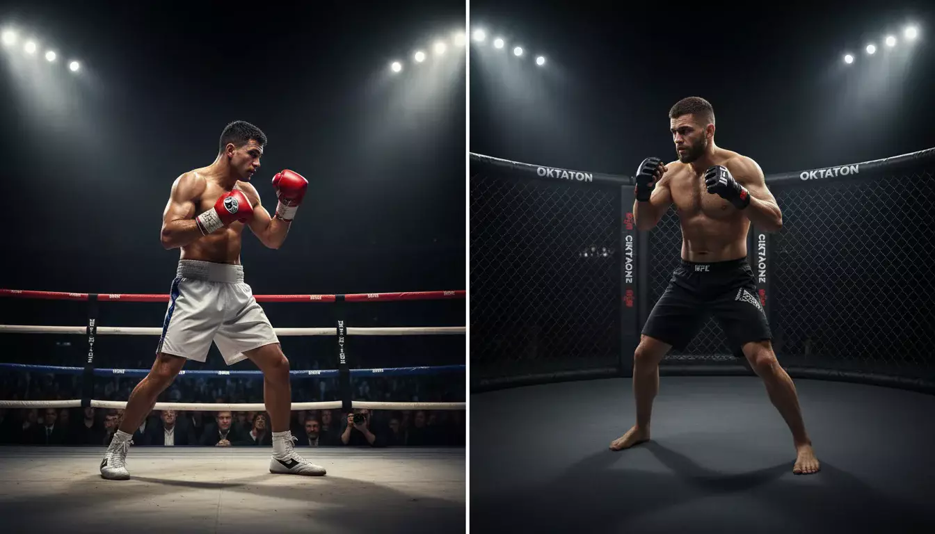 Geteiltes Bild: Boxer im Boxring links, MMA-Kämpfer im Oktagon rechts
