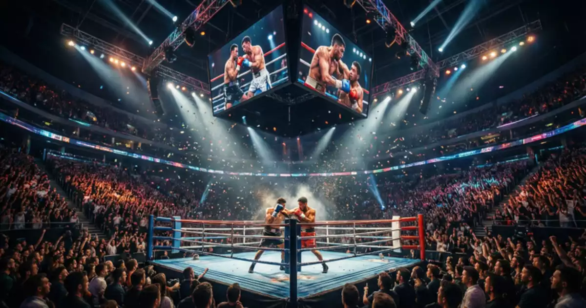 Professioneller Boxkampf mit jubelndem Publikum in großer Arena