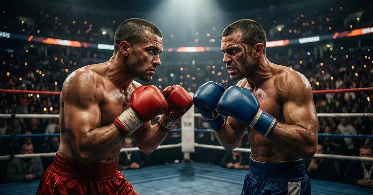 Boxer im Ring unter Scheinwerferlicht vor einem wichtigen Kampf