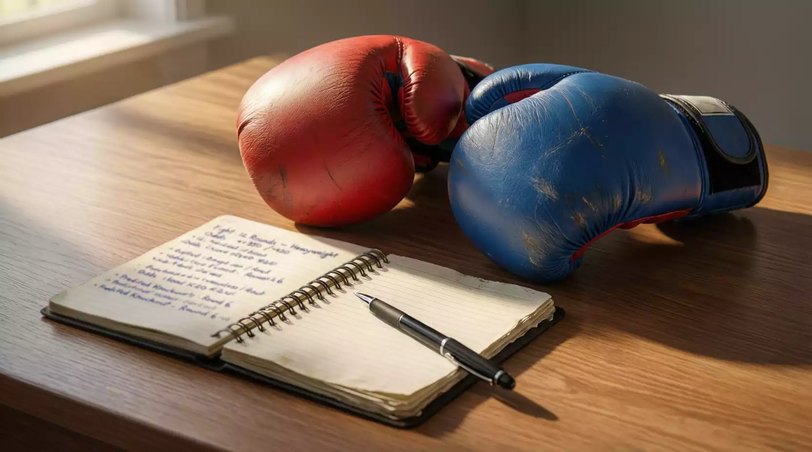 Boxhandschuhe neben einem Notizblock mit Quotennotizen