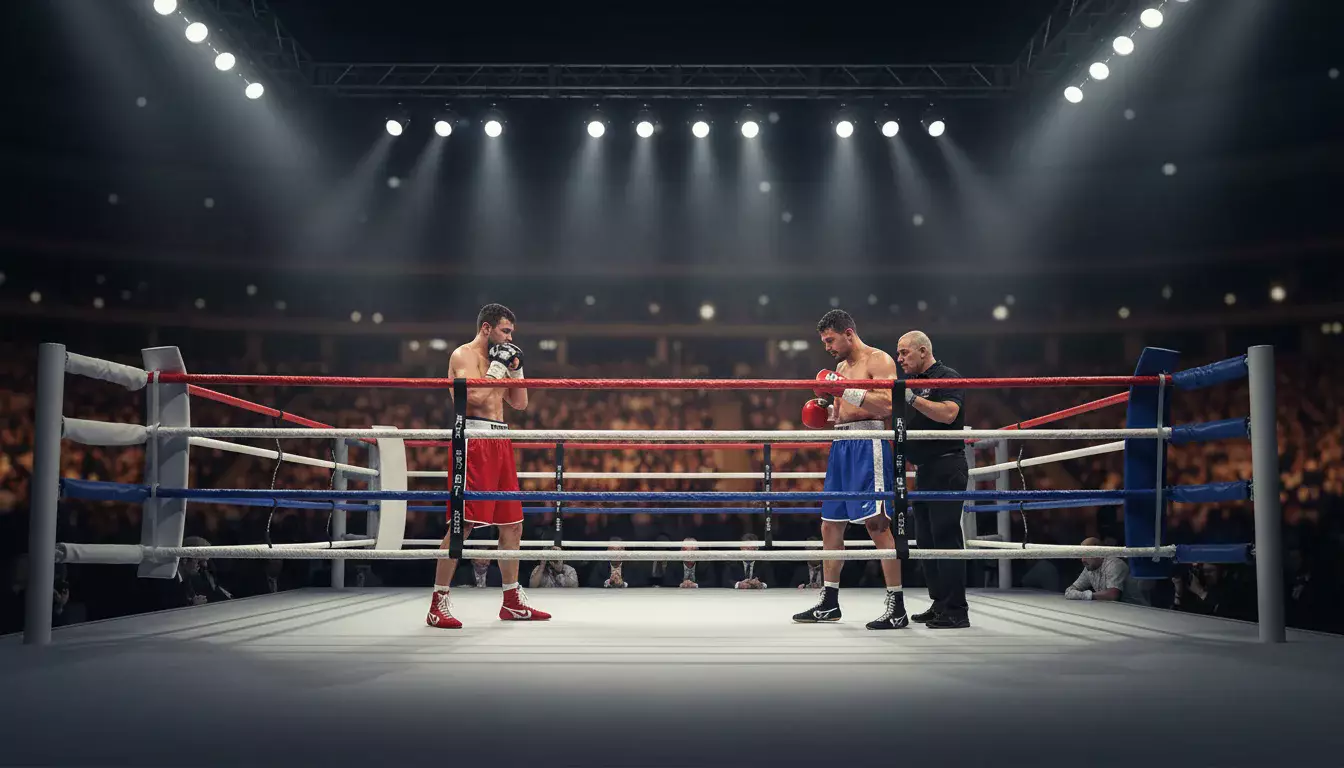 Boxer im Ring unter Scheinwerferlicht vor einem Boxkampf