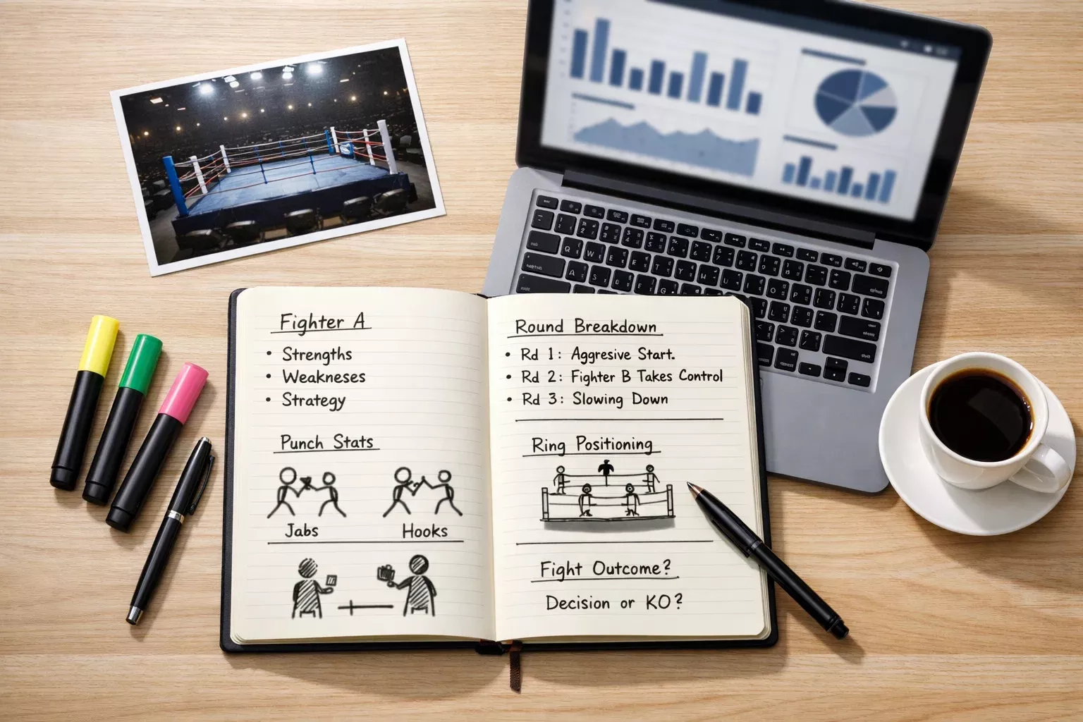 Detaillierte Analyse eines Boxkampfes mit Statistiken und Notizen