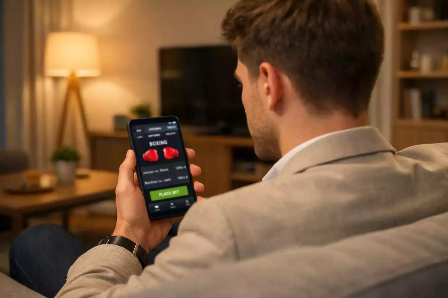 Person nutzt Sportwetten-App auf dem Smartphone für Boxkämpfe