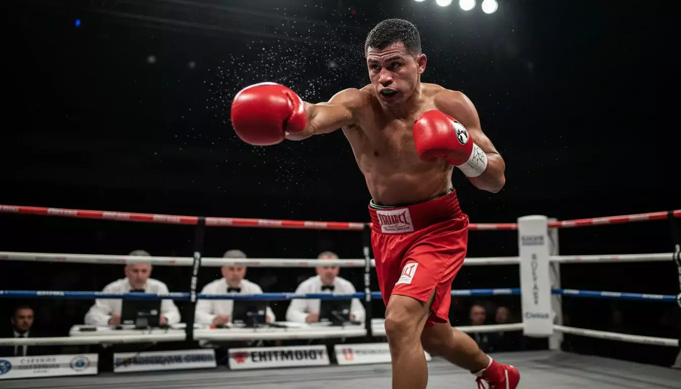 Nahaufnahme eines Boxers beim Schlag im Ring mit Punktrichtern im Hintergrund