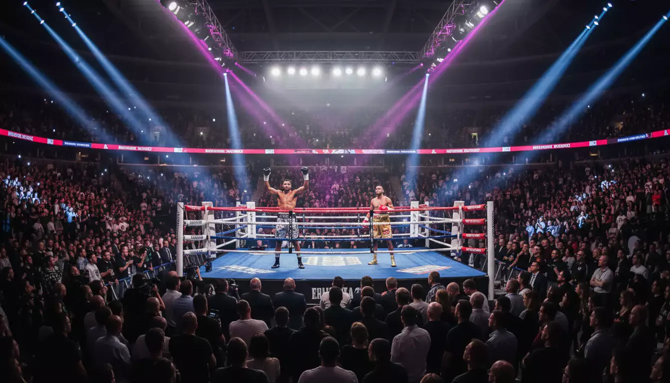 Showkampf im Boxring mit grellem Bühnenlicht und großem Publikum
