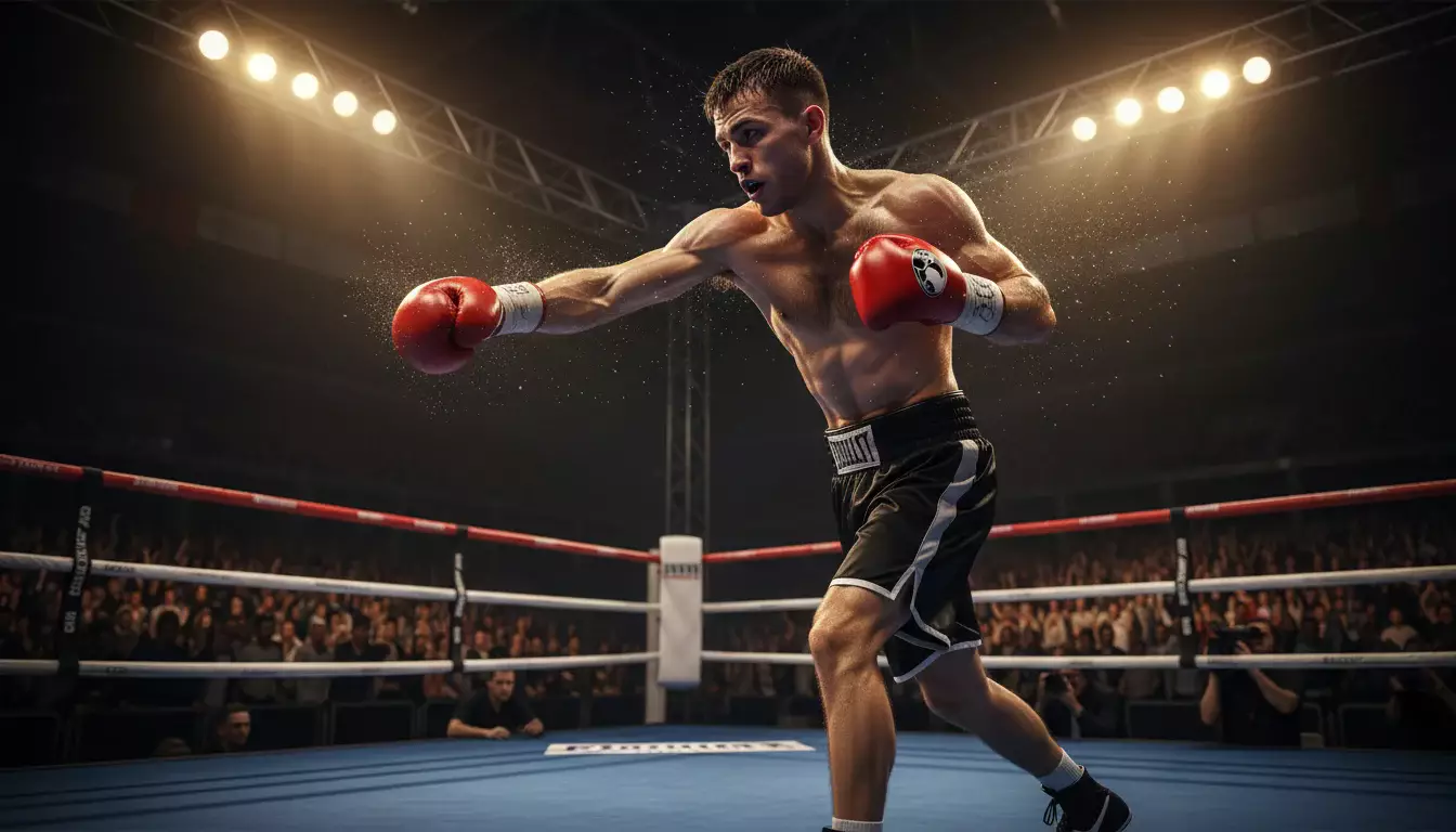 Schneller Leichtgewicht-Boxer bei einer Schlagkombination im Ring