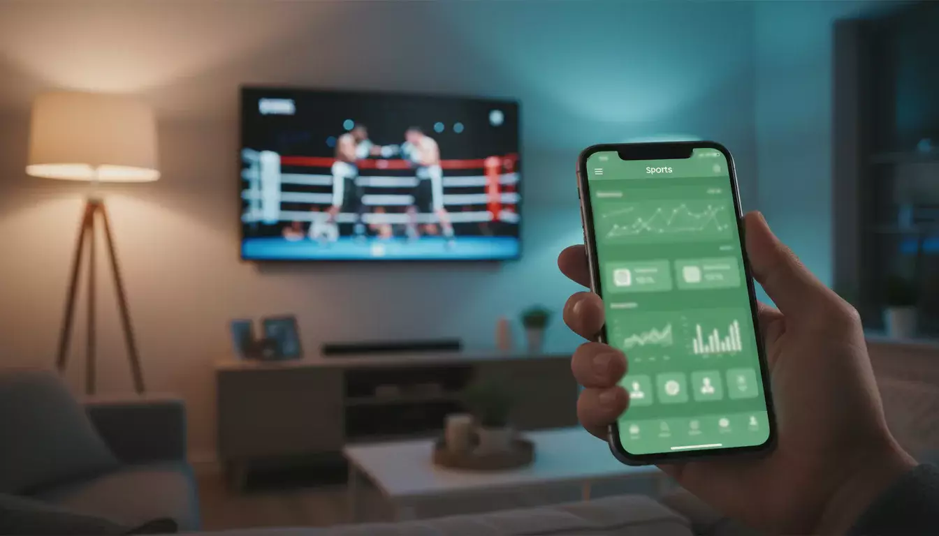 Hand hält Smartphone vor einem Fernseher mit laufendem Boxkampf