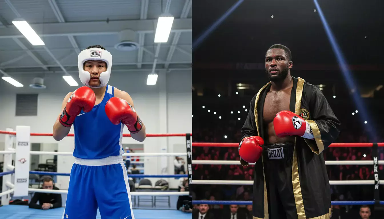 Zwei Boxer im Amateurkampf mit Kopfschutz und großen Handschuhen im Ring