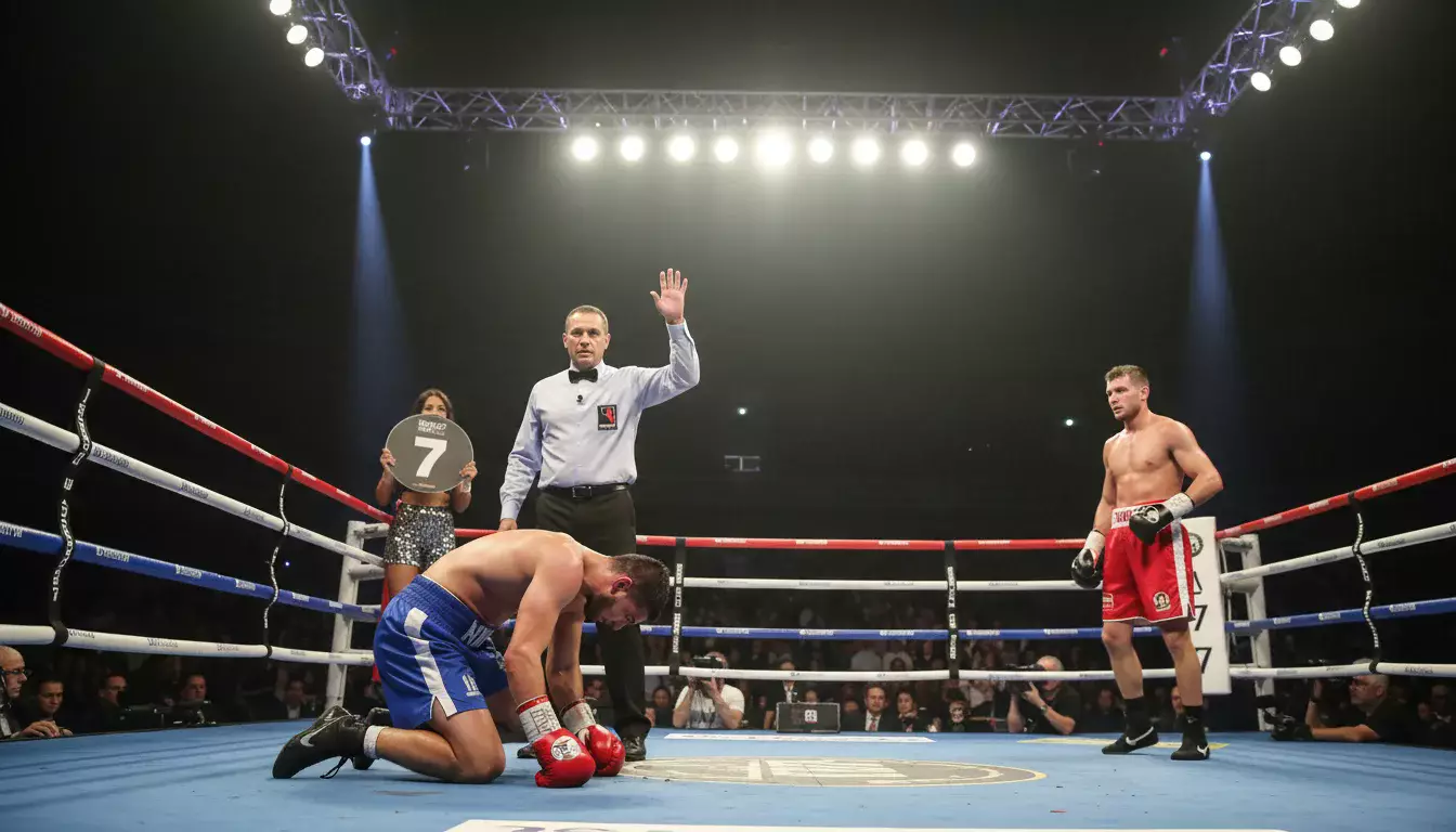 Boxer geht in einer späten Runde zu Boden, Ringrichter zählt an