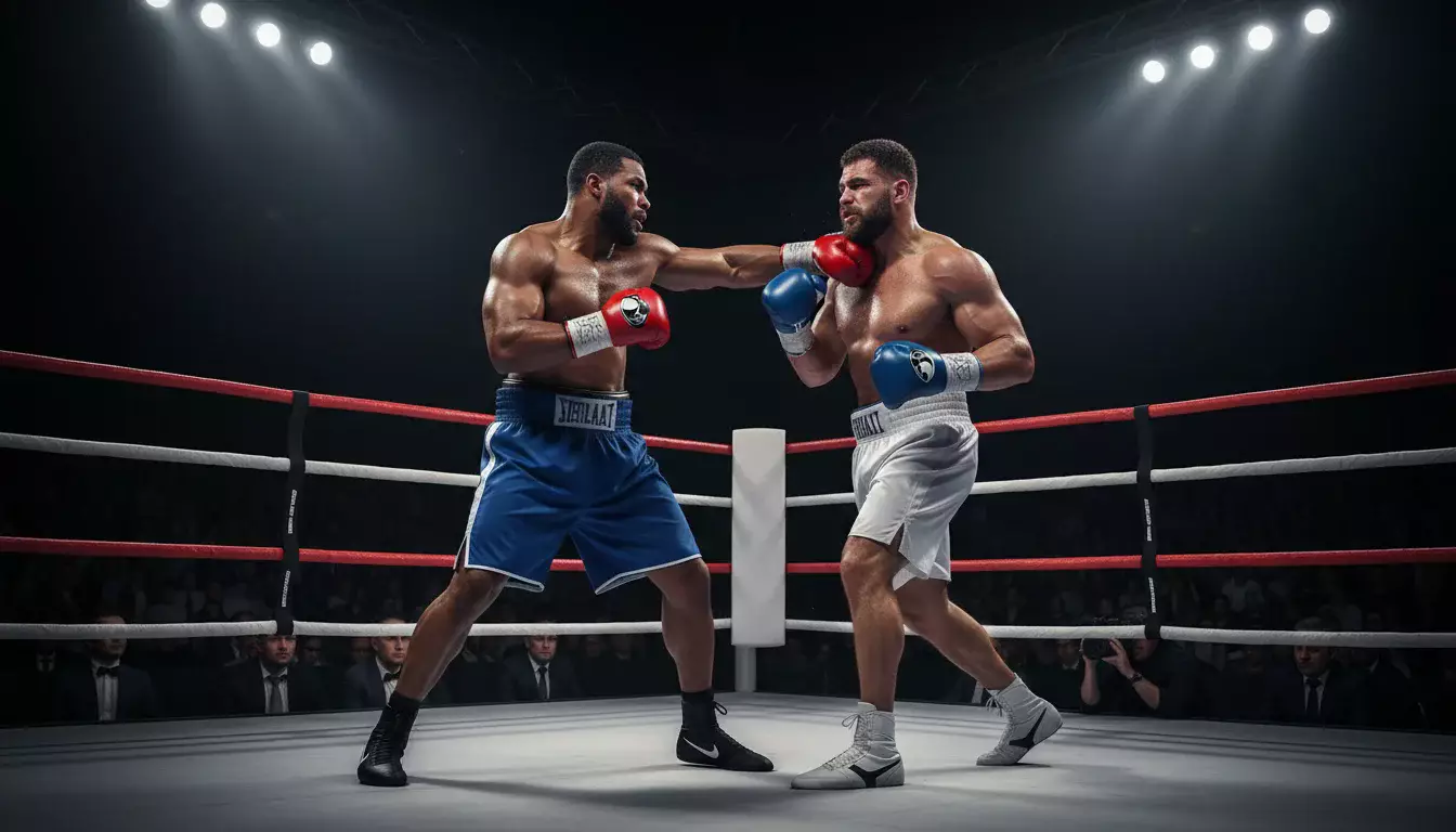 Schwergewicht-Boxer im Ring unter Scheinwerferlicht beim Kampf