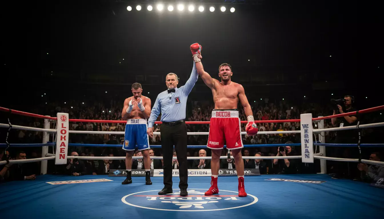 Ringrichter hebt den Arm des siegreichen Boxers nach dem Kampf